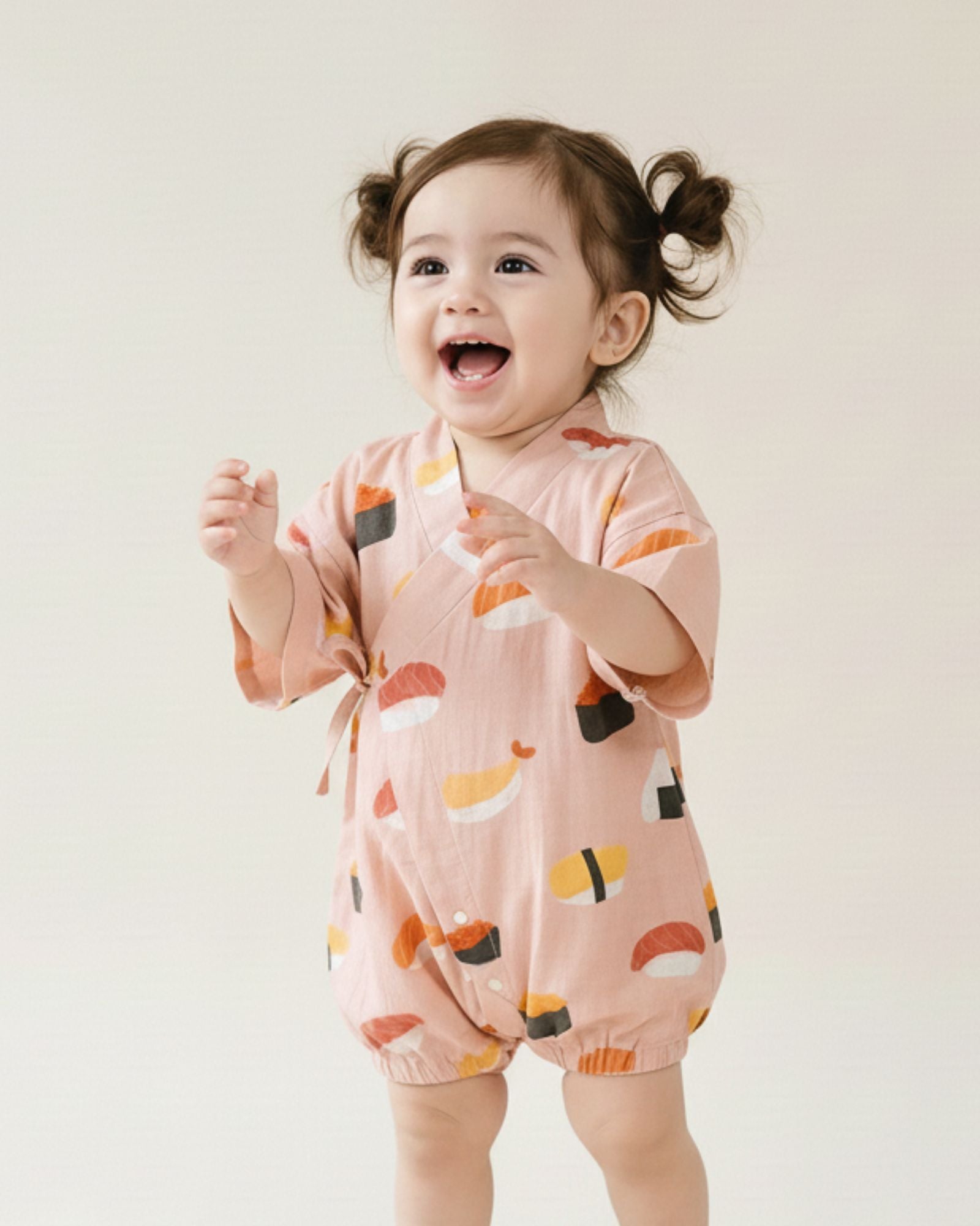 予約注文:お寿司柄 ベビー 甚平 ロンパース - 小豆色