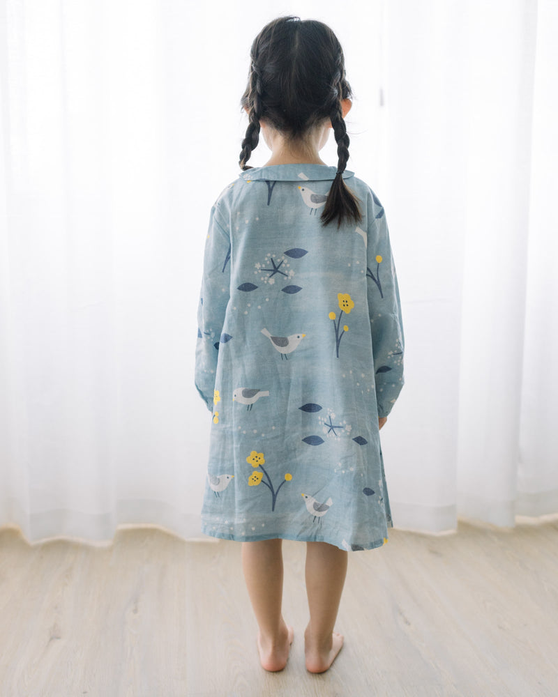 花與鳥連衣裙-藍色