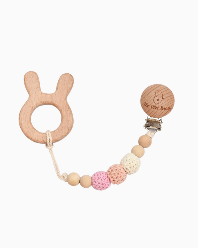Bunny Wood Teether + Pink Clip